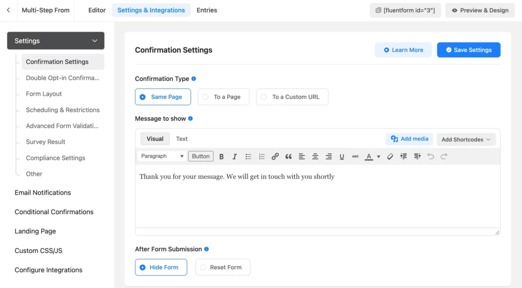 setting menu of multi step form builder